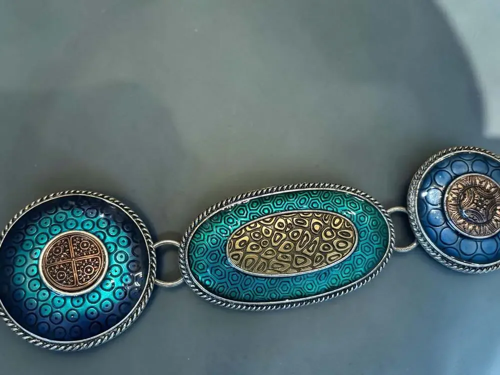 Chico's Blue and Green Enameled Medallion Link Belt
